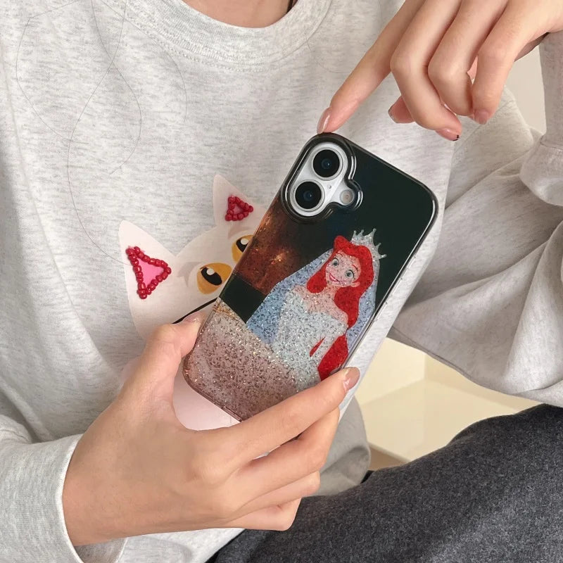 Disney Mermaid Ariel Wedding Dress Phone Case for iPhone 13 14 15 16 Pro Max Sparkling Pink Princess Girl Cover Coque