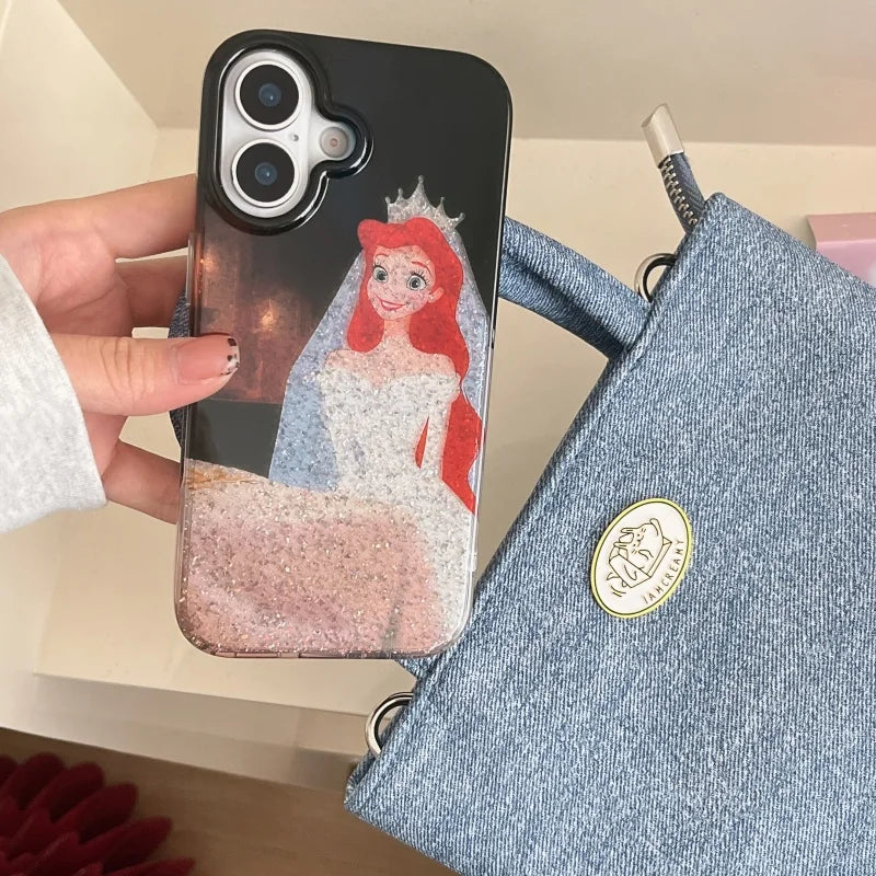 Disney Mermaid Ariel Wedding Dress Phone Case for iPhone 13 14 15 16 Pro Max Sparkling Pink Princess Girl Cover Coque