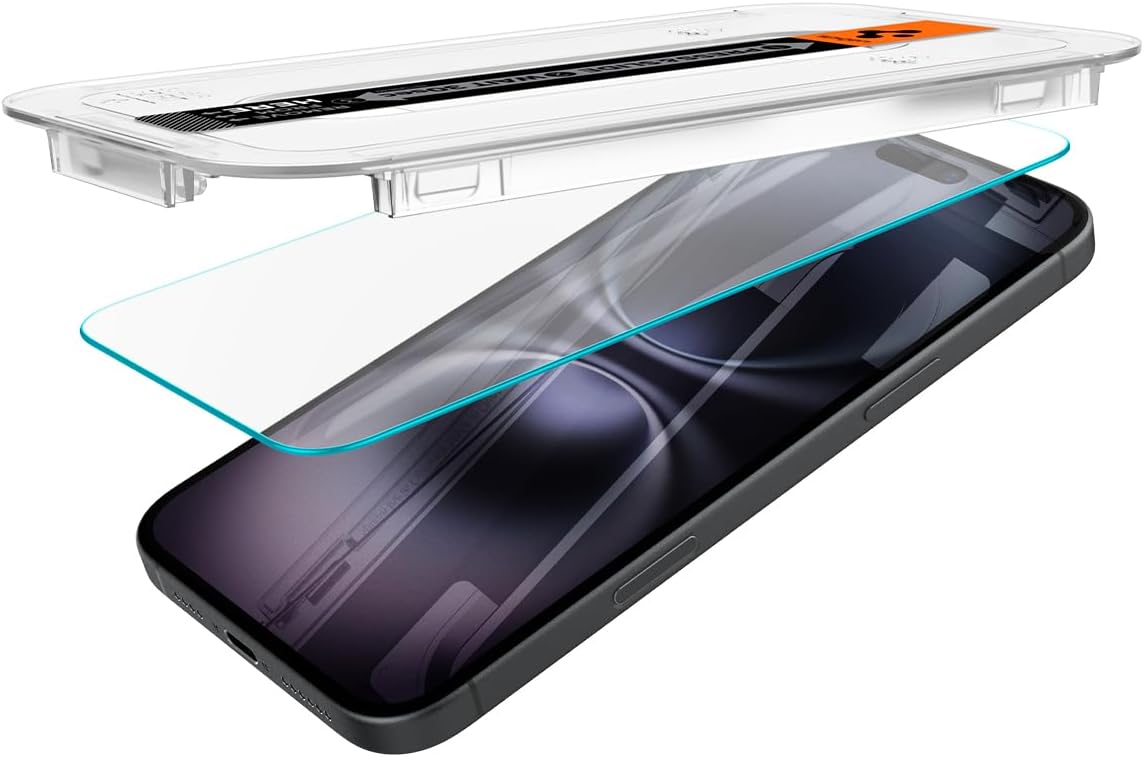 Spigen Glas.tR EZ Fit Skärmskydd kompatibel med iPhone 16, iPhone 15, 2 Stycken, med Sjabloon voor Installatiem, Case friendly, 9H härdat glas