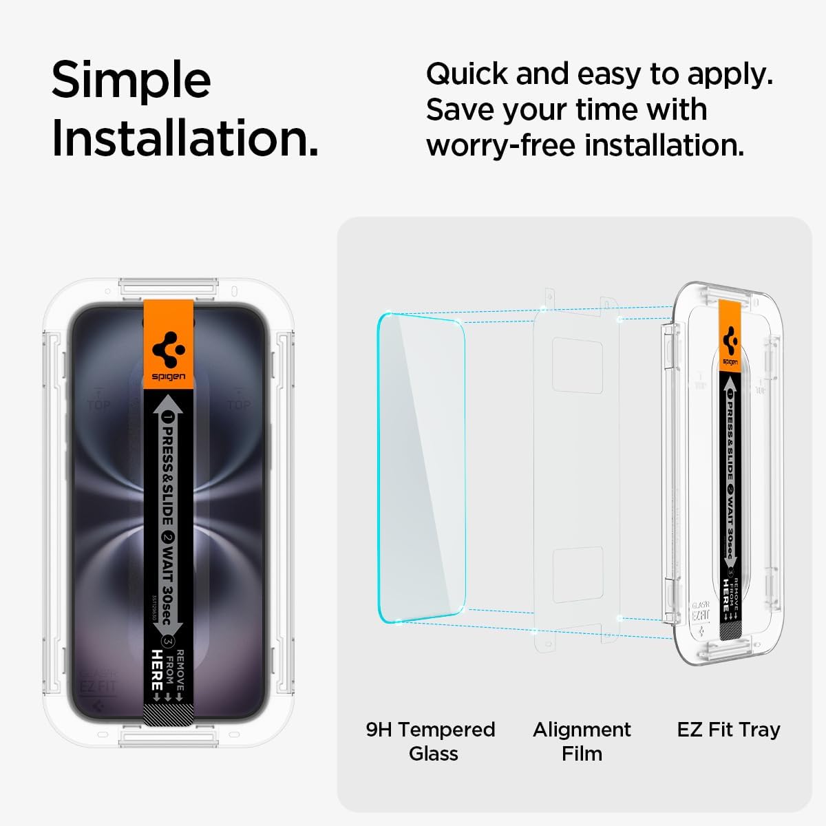 Spigen Glas.tR EZ Fit Skärmskydd kompatibel med iPhone 16, iPhone 15, 2 Stycken, med Sjabloon voor Installatiem, Case friendly, 9H härdat glas
