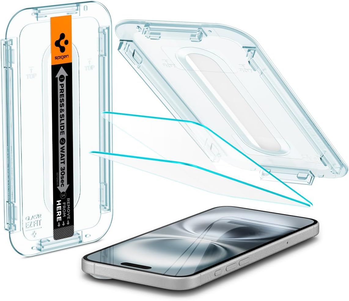 Spigen Glas.tR EZ Fit Skärmskydd kompatibel med iPhone 16, iPhone 15, 2 Stycken, med Sjabloon voor Installatiem, Case friendly, 9H härdat glas