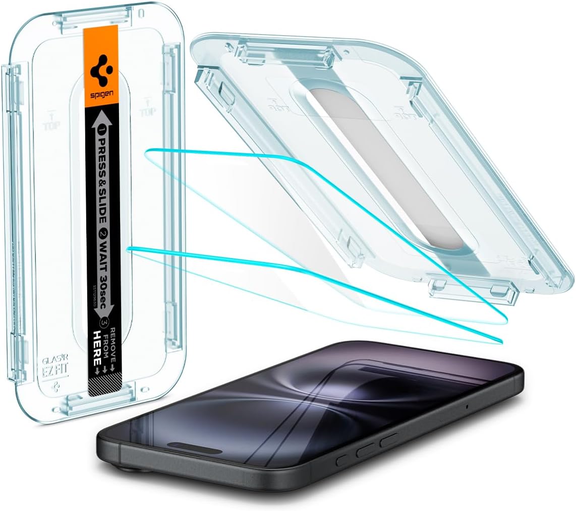 Spigen Glas.tR EZ Fit Skärmskydd kompatibel med iPhone 16, iPhone 15, 2 Stycken, med Sjabloon voor Installatiem, Case friendly, 9H härdat glas