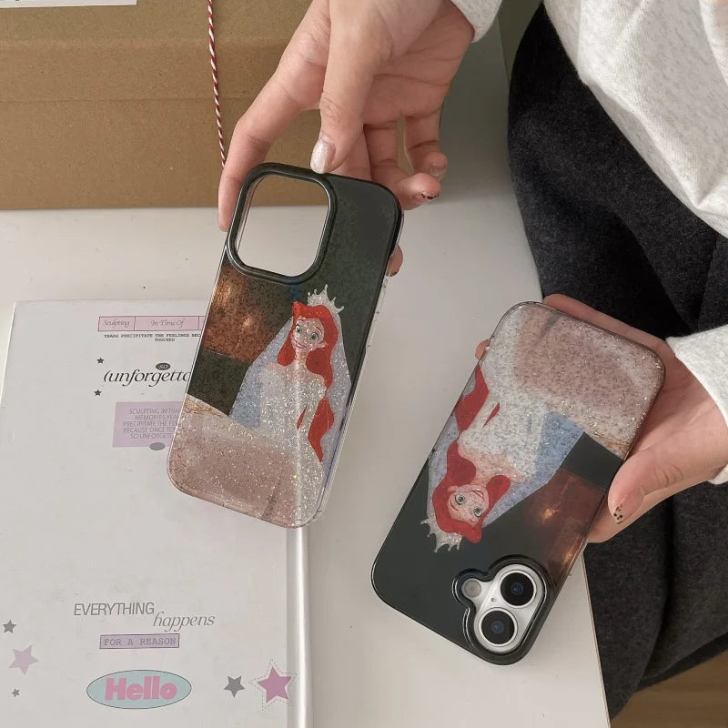Disney Mermaid Ariel Wedding Dress Phone Case for iPhone 13 14 15 16 Pro Max Sparkling Pink Princess Girl Cover Coque